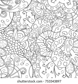 Tracery seamless pattern. Mehndi design. Ethnic monochrome binary doodle texture. Curved doodling black and white background. Vector