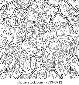 Tracery seamless pattern. Mehndi design. Ethnic monochrome binary doodle texture. Curved doodling black and white background. Vector
