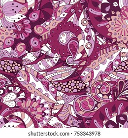 Tracery seamless pattern. Mehndi design. Ethnic colorful doodle texture. Curved doodling background. Vector