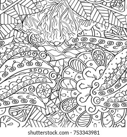 Tracery seamless pattern. Mehndi design. Ethnic monochrome binary doodle texture. Curved doodling black and white background. Vector