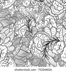 Tracery seamless pattern. Mehndi design. Ethnic monochrome binary doodle texture. Curved doodling black and white background. Vector