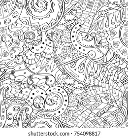 Tracery seamless pattern. Mehndi design. Ethnic monochrome binary doodle texture. Curved doodling black and white background. Vector