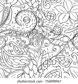 Tracery seamless pattern. Mehndi design. Ethnic monochrome binary doodle texture. Curved doodling black and white background. Vector