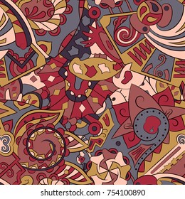 Tracery seamless pattern. Mehndi design. Ethnic colorful doodle texture. Curved doodling background. Vector