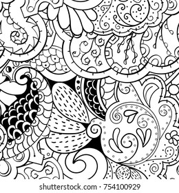 Tracery seamless pattern. Mehndi design. Ethnic monochrome binary doodle texture. Curved doodling black and white background. Vector