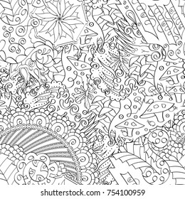 Tracery seamless pattern. Mehndi design. Ethnic monochrome binary doodle texture. Curved doodling black and white background. Vector