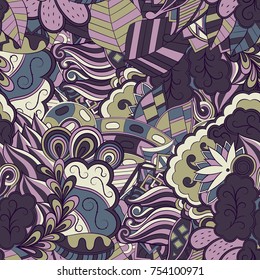 Tracery seamless pattern. Mehndi design. Ethnic colorful doodle texture. Curved doodling background. Vector