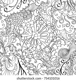 Tracery seamless pattern. Mehndi design. Ethnic monochrome binary doodle texture. Curved doodling black and white background. Vector