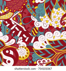 Tracery seamless pattern. Mehndi design. Ethnic colorful doodle texture. Curved doodling background. Vector