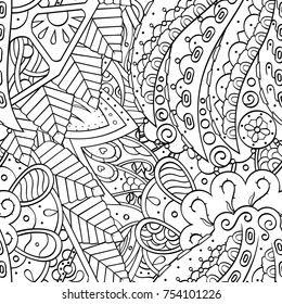 Tracery seamless pattern. Mehndi design. Ethnic monochrome binary doodle texture. Curved doodling black and white background. Vector