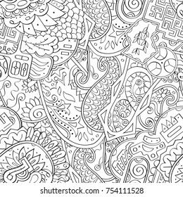 Tracery seamless pattern. Mehndi design. Ethnic monochrome binary doodle texture. Curved doodling black and white background. Vector