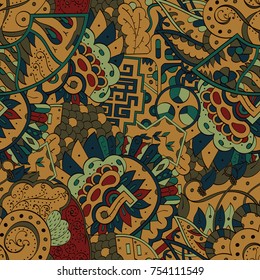 Tracery seamless pattern. Mehndi design. Ethnic colorful doodle texture. Curved doodling background. Vector