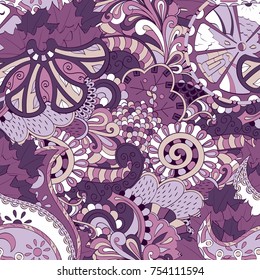 Tracery seamless pattern. Mehndi design. Ethnic colorful doodle texture. Curved doodling background. Vector