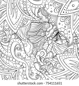 Tracery seamless pattern. Mehndi design. Ethnic monochrome binary doodle texture. Curved doodling black and white background. Vector