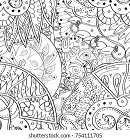 Tracery seamless pattern. Mehndi design. Ethnic monochrome binary doodle texture. Curved doodling black and white background. Vector