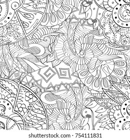 Tracery seamless pattern. Mehndi design. Ethnic monochrome binary doodle texture. Curved doodling black and white background. Vector