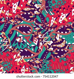Tracery seamless pattern. Mehndi design. Ethnic colorful doodle texture. Curved doodling background. Vector