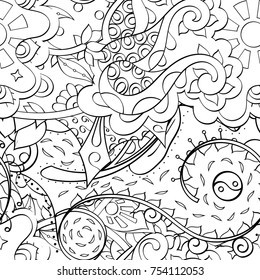 Tracery seamless pattern. Mehndi design. Ethnic monochrome binary doodle texture. Curved doodling black and white background. Vector