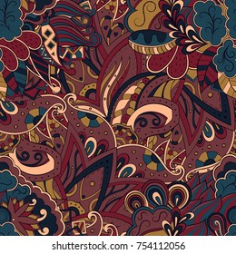 Tracery seamless pattern. Mehndi design. Ethnic colorful doodle texture. Curved doodling background. Vector