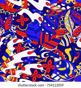 Tracery seamless pattern. Mehndi design. Ethnic colorful doodle texture. Curved doodling background. Vector