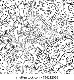 Tracery seamless pattern. Mehndi design. Ethnic monochrome binary doodle texture. Curved doodling black and white background. Vector
