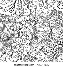 Tracery seamless pattern. Mehndi design. Ethnic monochrome binary doodle texture. Curved doodling black and white background. Vector