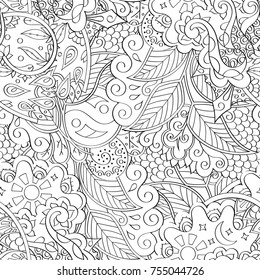 Tracery seamless pattern. Mehndi design. Ethnic monochrome binary doodle texture. Curved doodling black and white background. Vector