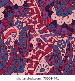 Tracery seamless pattern. Mehndi design. Ethnic colorful doodle texture. Curved doodling background. Vector