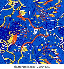 Tracery seamless pattern. Mehndi design. Ethnic colorful doodle texture. Curved doodling background. Vector