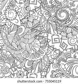 Tracery seamless pattern. Mehndi design. Ethnic monochrome binary doodle texture. Curved doodling black and white background. Vector