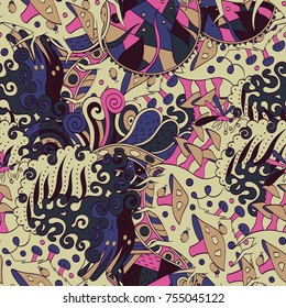 Tracery seamless pattern. Mehndi design. Ethnic colorful doodle texture. Curved doodling background. Vector