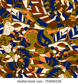 Tracery seamless pattern. Mehndi design. Ethnic colorful doodle texture. Curved doodling background. Vector