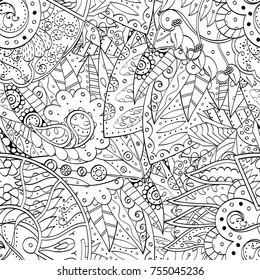Tracery seamless pattern. Mehndi design. Ethnic monochrome binary doodle texture. Curved doodling black and white background. Vector