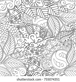 Tracery seamless pattern. Mehndi design. Ethnic monochrome binary doodle texture. Curved doodling black and white background. Vector