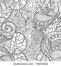 Tracery seamless pattern. Mehndi design. Ethnic monochrome binary doodle texture. Curved doodling black and white background. Vector