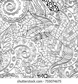 Tracery seamless pattern. Mehndi design. Ethnic monochrome binary doodle texture. Curved doodling black and white background. Vector