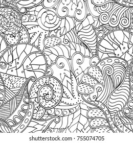 Tracery seamless pattern. Mehndi design. Ethnic monochrome binary doodle texture. Curved doodling black and white background. Vector