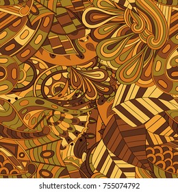 Tracery seamless pattern. Mehndi design. Ethnic colorful doodle texture. Curved doodling background. Vector