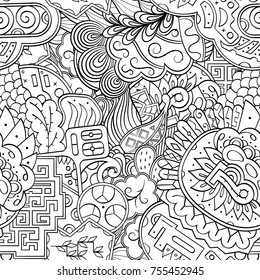 Tracery seamless pattern. Mehndi design. Ethnic monochrome binary doodle texture. Curved doodling black and white background. Vector