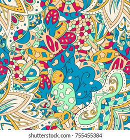 Tracery seamless pattern. Mehndi design. Ethnic colorful doodle texture. Curved doodling background. Vector