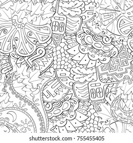 Tracery seamless pattern. Mehndi design. Ethnic monochrome binary doodle texture. Curved doodling black and white background. Vector