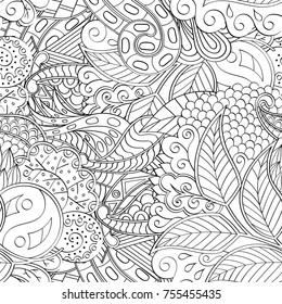 Tracery seamless pattern. Mehndi design. Ethnic monochrome binary doodle texture. Curved doodling black and white background. Vector