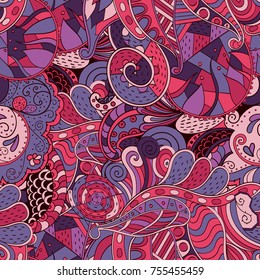 Tracery seamless pattern. Mehndi design. Ethnic colorful doodle texture. Curved doodling background. Vector