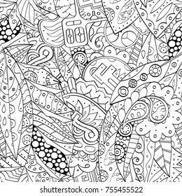 Tracery seamless pattern. Mehndi design. Ethnic monochrome binary doodle texture. Curved doodling black and white background. Vector