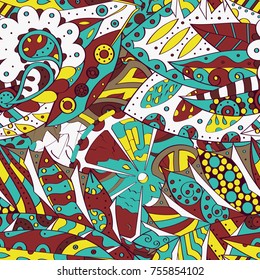 Tracery seamless pattern. Mehndi design. Ethnic colorful doodle texture. Curved doodling background. Vector