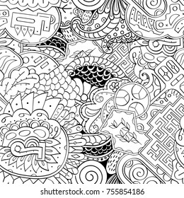 Tracery seamless pattern. Mehndi design. Ethnic monochrome binary doodle texture. Curved doodling black and white background. Vector