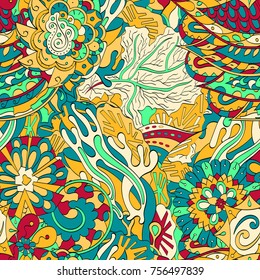 Tracery seamless pattern. Mehndi design. Ethnic colorful doodle texture. Curved doodling background. Vector