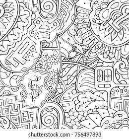 Tracery seamless pattern. Mehndi design. Ethnic monochrome binary doodle texture. Curved doodling black and white background. Vector