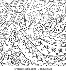 Tracery seamless pattern. Mehndi design. Ethnic monochrome binary doodle texture. Curved doodling black and white background. Vector
