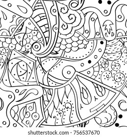 Tracery seamless pattern. Mehndi design. Ethnic monochrome binary doodle texture. Curved doodling black and white background. Vector